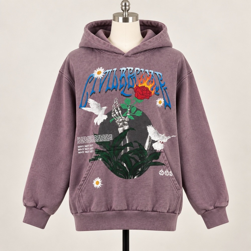 Civil Regime Why Not Us Vintage Purple Wash Hoodie Mens XL Skeleton Rose Doves